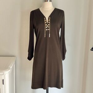 Michael Kors Brown Tab Sleeve Metal Chain Lace Front Stretch Dress, Small
